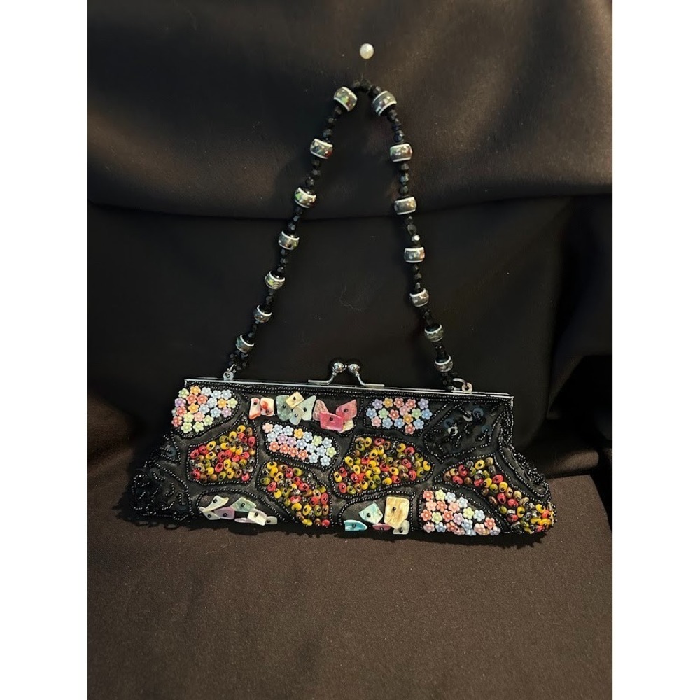 Vintage Black Beaded Evening Bag Purse short and long handles